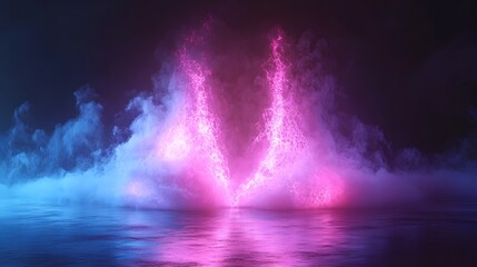 Fototapeta premium Neon pink and blue flames arch over a reflective water surface with smoky clouds.