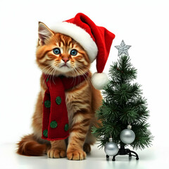
A fluffy orange tabby cat wearing hat and sitting beside a small  Christmas tree.