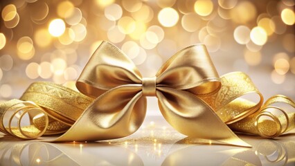 Elegant Gold Ribbon Satin Bow with Curly Scroll Isolated on White Background for Christmas, Birthday, and Wedding Card Confetti Design Decoration