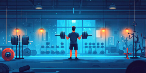 Obraz premium Coming up. A focused individual lifts weights in a well-equipped gym, illuminated by a cool blue and warm light ambiance, embodying strength and determination.