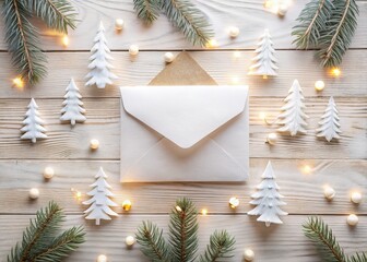 Fototapeta premium Elegant Holiday Card Mockup with Envelope and Fir Trees on White Wooden Background - Christmas Greeting Card Decoration Flat Lay for Festive Celebrations