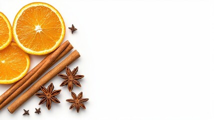 A photostock of an assortment of vibrant spices including cinnamon sticks, star anise, and orange zest, displayed on a clean white background, aromatic and festive. High Quality