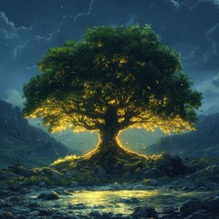 A majestic tree illuminated from within, surrounded by a serene landscape and reflective water.