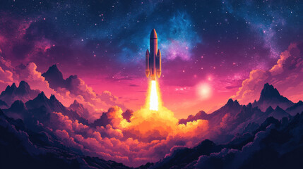 Obraz premium Coming up. A vibrant rocket launches through colorful clouds against a cosmic backdrop, embodying themes of exploration and adventure in a stunning digital art piece.