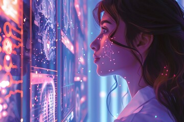 Woman gazing at futuristic interface.