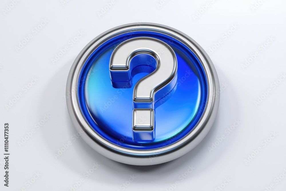 Aufkleber a 3d rendered metallic question mark icon on a blue circular background.