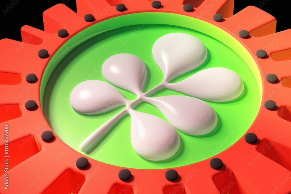 Poster abstract 3d rendering of a stylized flower or leaf on a vibrant orange and green gear.