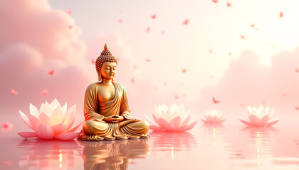 Golden Buddha statue meditating on lotus surrounded by blooming flowers, serene water, and pastel pink sky. Ideal for Vesak Day designs, promoting meditation retreats, or spiritual wellness campaigns