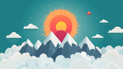 Coming up. A vibrant mountain scene featuring a rising sun, colorful rays, and fluffy clouds against a turquoise backdrop, evoking a sense of tranquility and adventure.