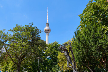 19 August 2024 Berlin (Germany) - August: panorama of the Alexanderplatz in Berlin against blue sky.