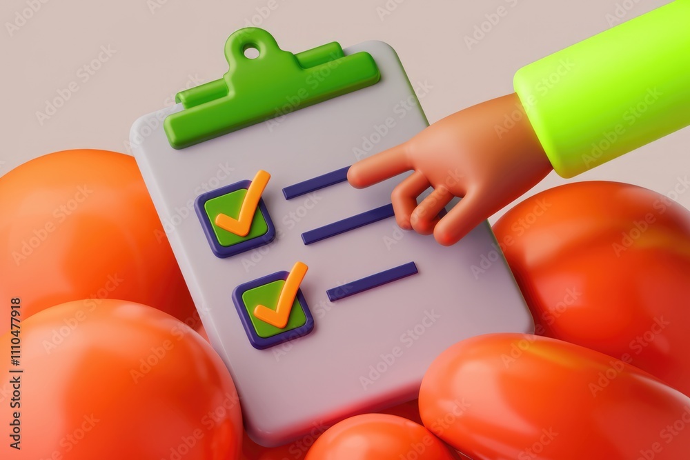 Poster 3D rendered checklist being marked with a hand  indicating task completion or progress.