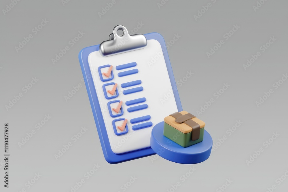 Poster 3D render of a checklist clipboard with a package  signifying order fulfillment or package tracking.