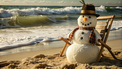 A cheerful snowman sits comfortably on a beach chair surrounded by soft sand. Waves roll gently in, creating a light and sunny beach atmosphere, highlighting the unusual sight