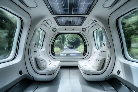 Futuristic interior of an autonomous vehicle with sleek white seating and large windows displaying greenery outside