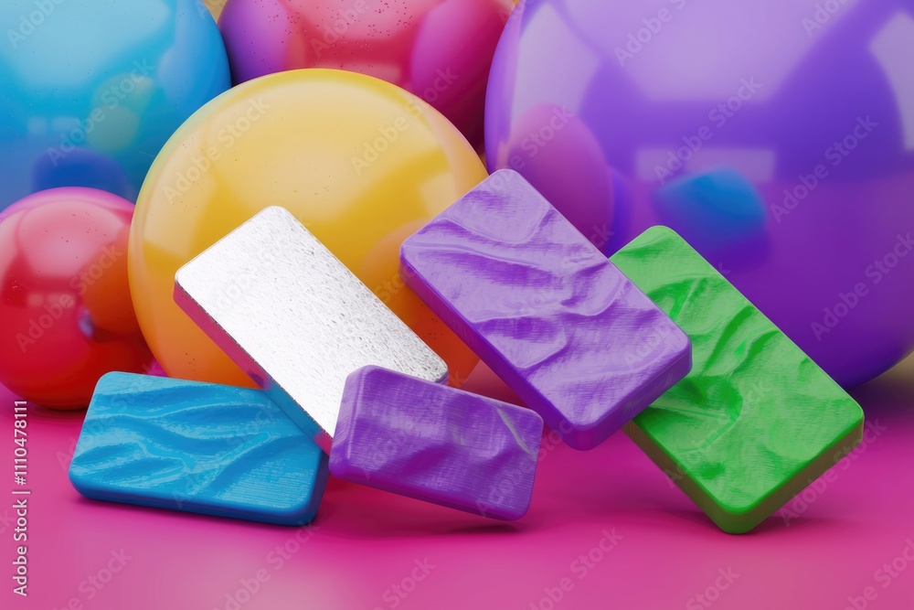 Aufkleber colorful textured blocks and spheres arranged on a pink surface. a vibrant abstract 3d render.