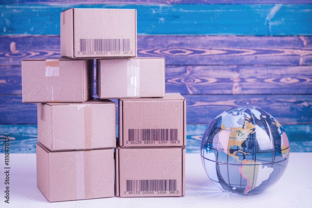 Poster A stack of cardboard boxes with barcodes  symbolizing global e commerce and shipping.