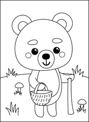 Coloring page. Bear is searching mushrooms. Black and white bear. Color me. Isolated vector illustration eps 10
