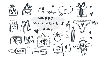 Hearts and design elements for Valentine's Day. Big set of clip art with love elements. Vector hand-drawn childlike doodle icon set. Black stroke on white background.