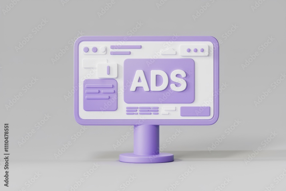 Aufkleber A 3D render of a purple computer screen displaying the word 'ADS'  illustrating online advertising.