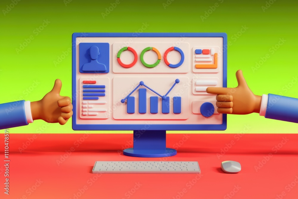 Poster 3D illustration of a computer screen displaying business data  with hands giving thumbs up.