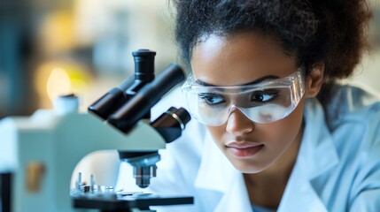A scientist in a lab coat and safety glasses examines a sample under a microscope.