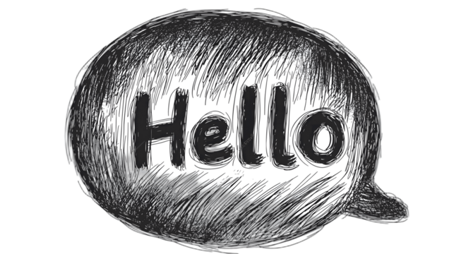 Playful speech bubble with 'Hello' text