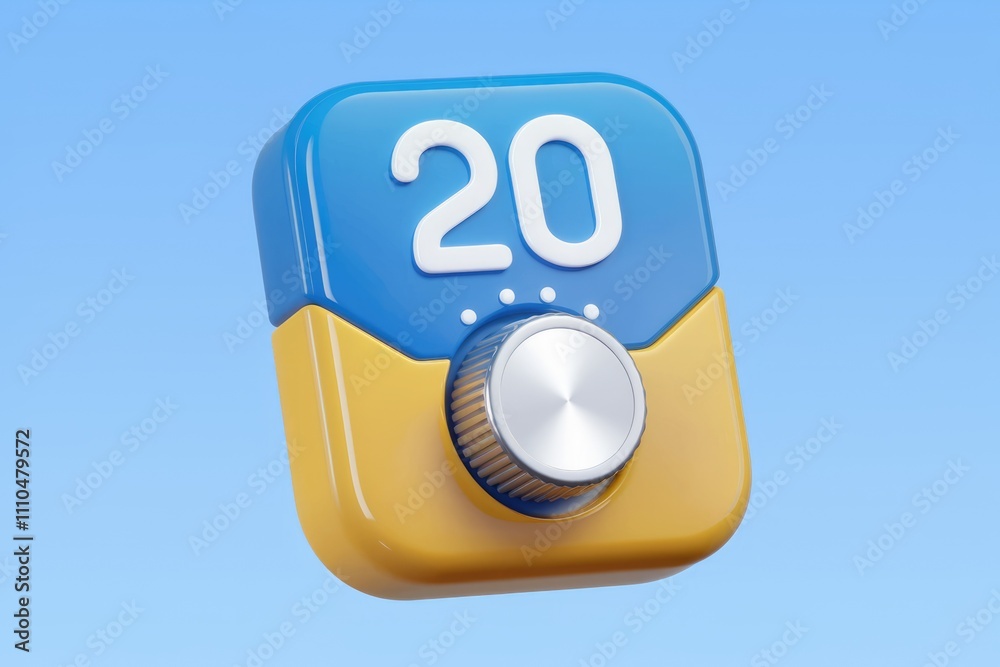 Poster A 3D render of a blue and yellow dial showing the number 20  suggesting a setting or control.