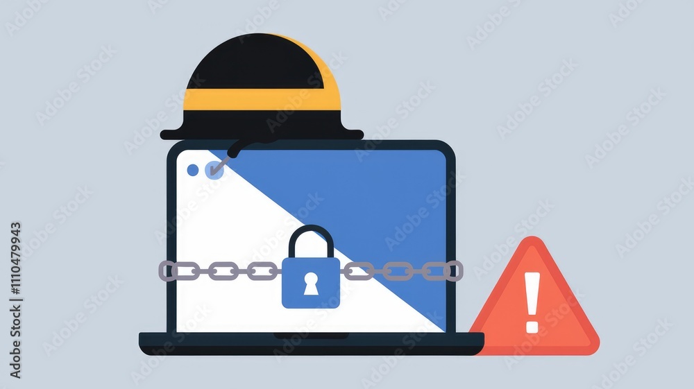 Poster laptop secured with a chain and lock indicating data protection and security breach warning.