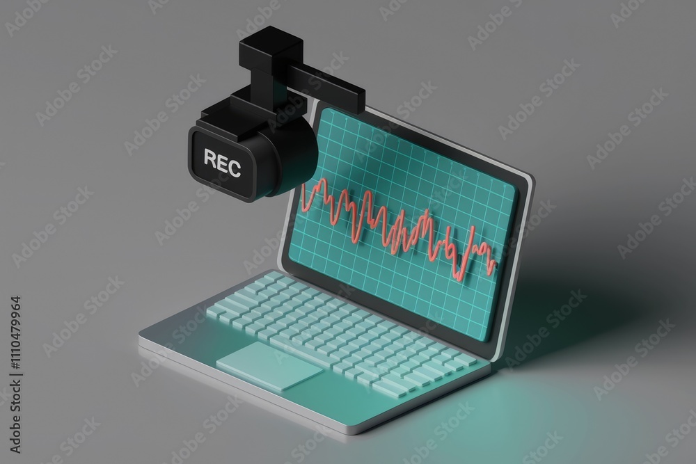 Poster A 3D render of a laptop displaying a waveform with a miniature recording device.