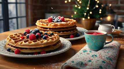Delicious waffles with berries and powdered sugar, served with a warm drink, on a festive table.