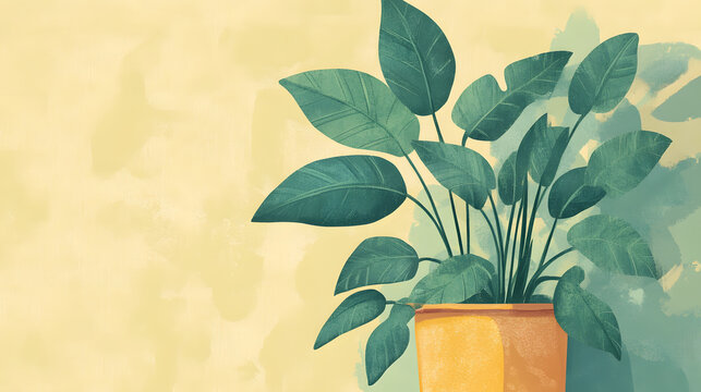 Potted plant on a neutral background, illustration of exoctic and tropical houseplants with big leafs, decorative foliage wallpaper