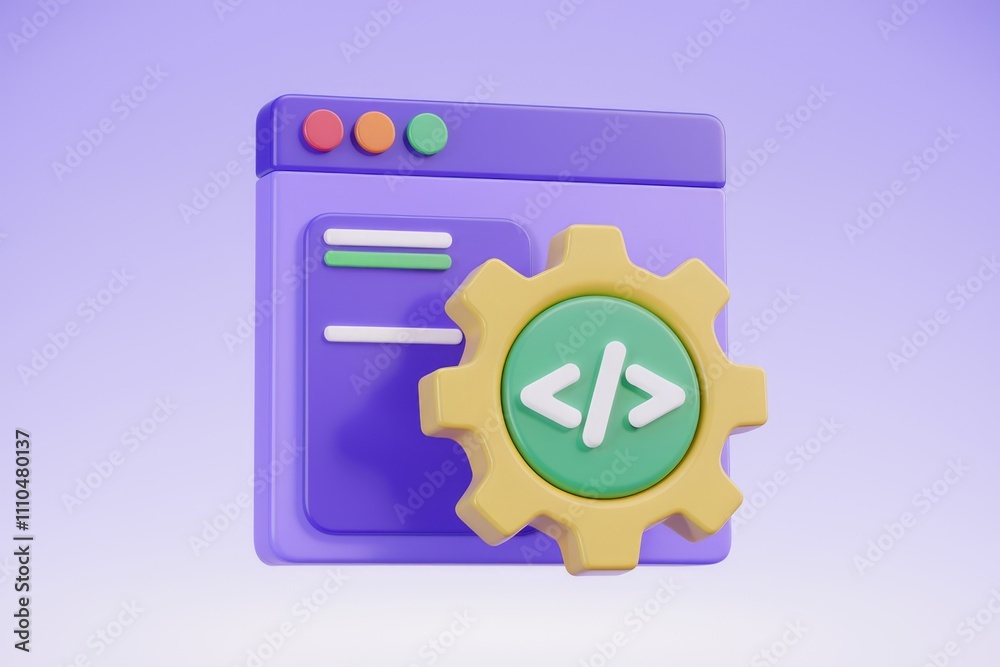 Aufkleber 3D render of a website with a gear representing web development and coding.