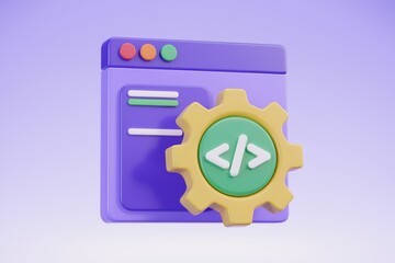 Fototapeta premium 3D render of a website with a gear representing web development and coding.