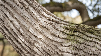 Close-up of White Oak tree bark texture featuring rugged patterns, natural lines, and mossy details, perfect for nature-themed backgrounds, design projects, or educational resources. 