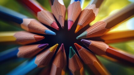 Naklejka premium An overhead view of sharpened pencils fanned out in a circular pattern, displaying their vibrant tips and wooden bodies