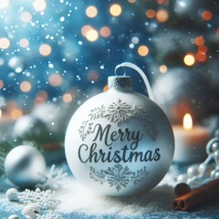 Silver Christmas Ornament - Decorated Christmas Bauble Background with Merry Christmas Text Christmas Ornament with Christmas Tree - Holiday Diffused Bokeh Wallpaper - Snow, Mistletoe and Presents