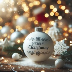 Silver Christmas Ornament - Decorated Christmas Bauble Background with Merry Christmas Text Christmas Ornament with Christmas Tree - Holiday Diffused Bokeh Wallpaper - Snow, Mistletoe and Presents