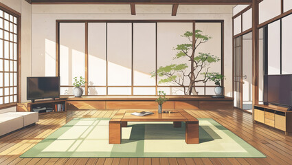 Fototapeta premium illustration of a modern Japanese minimalist style living room interior design