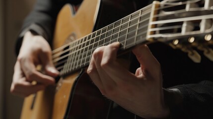 Fototapeta premium Guitarist's finger style playing on the strings playing a classical acoustic guitar,