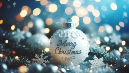 Silver Christmas Ornament - Decorated Christmas Bauble Background with Merry Christmas Text Christmas Ornament with Christmas Tree - Holiday Diffused Bokeh Wallpaper - Snow, Mistletoe and Presents