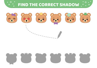 Find the correct shadow. Bear faces. Shadow matching game. Cartoon, isolated vector illustration eps 10

