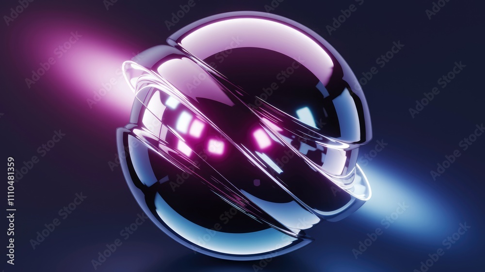 Poster abstract metallic sphere with neon lights futuristic and glossy design.