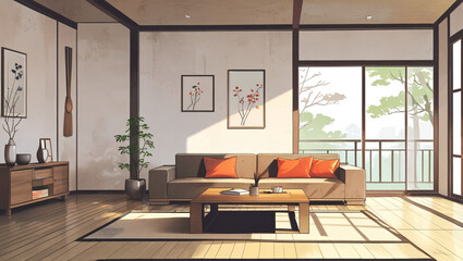 Obraz premium illustration of a modern Japanese minimalist style living room interior design