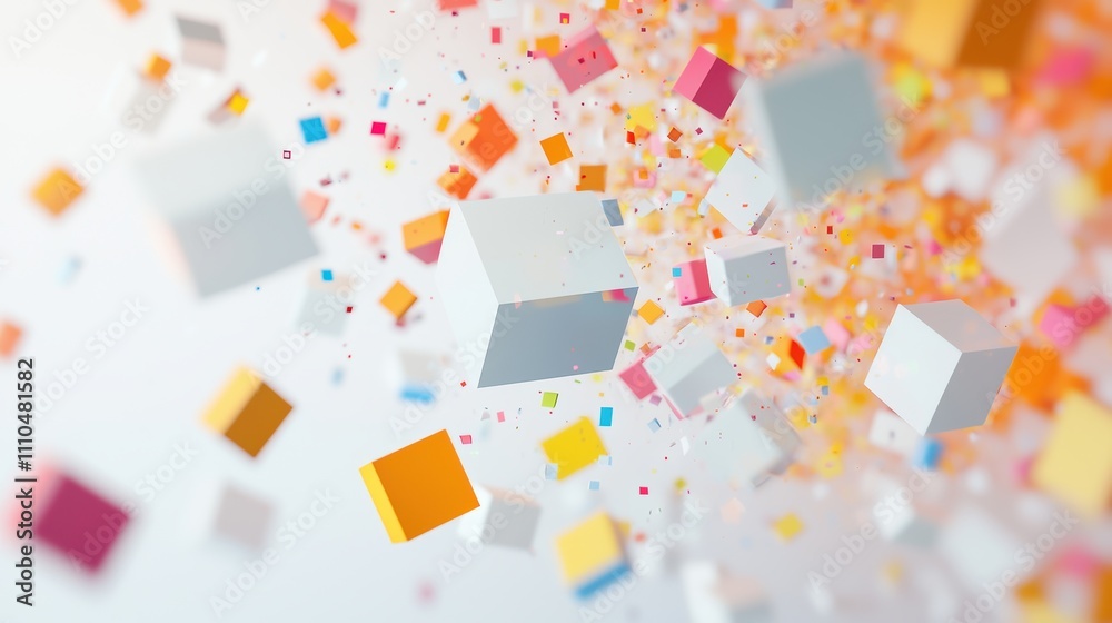 Poster abstract floating 3d cubes with colorful graphical elements in depth of field background