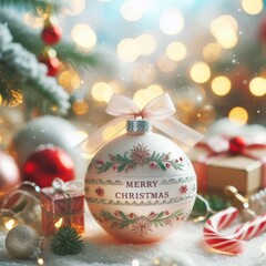 Silver Christmas Ornament - Decorated Christmas Bauble Background with Merry Christmas Text Christmas Ornament with Christmas Tree - Holiday Diffused Bokeh Wallpaper - Snow, Mistletoe and Presents