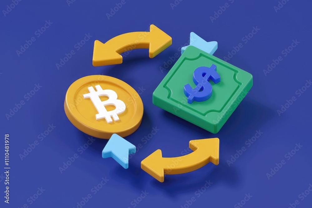 Poster Bitcoin and dollar currency exchange in 3D render.