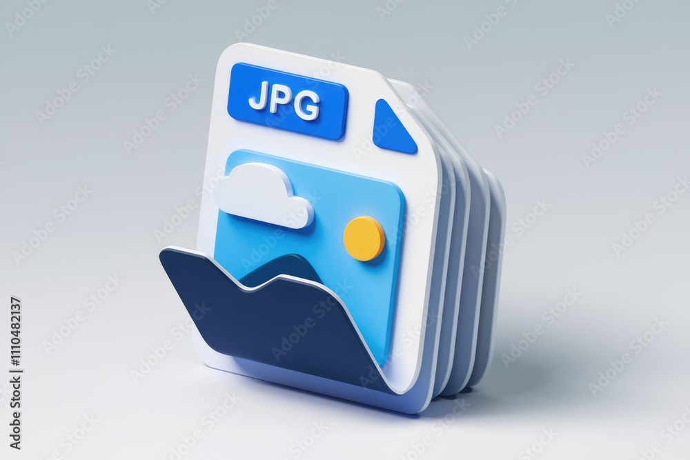 Poster 3d illustration of stacked jpg image files with a landscape preview.
