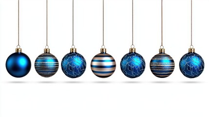A photostock of shiny blue Christmas ornaments hanging in a row, isolated on a white background, festive and elegant. High Quality