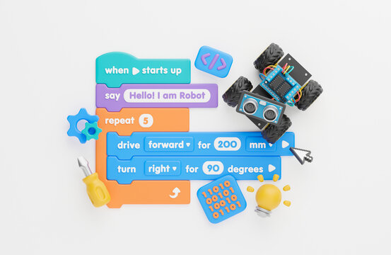 Block coding for kids teaching learning creative basics beginners remotely controlled automation robotic car vehicle programming education skill Technology STEM. 3d rendering.