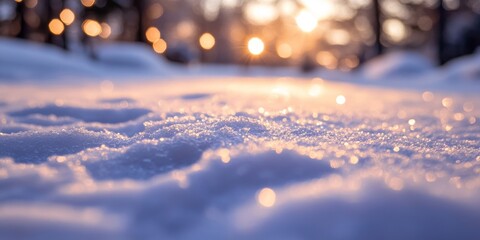 Close-up of frosty snow illuminated by the soft pink and golden light of a winter sunset